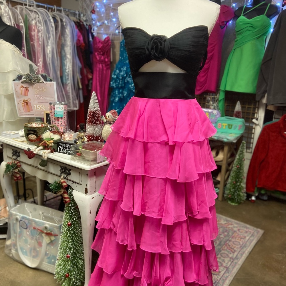 Pink and Black Strapless Tiered Dress
